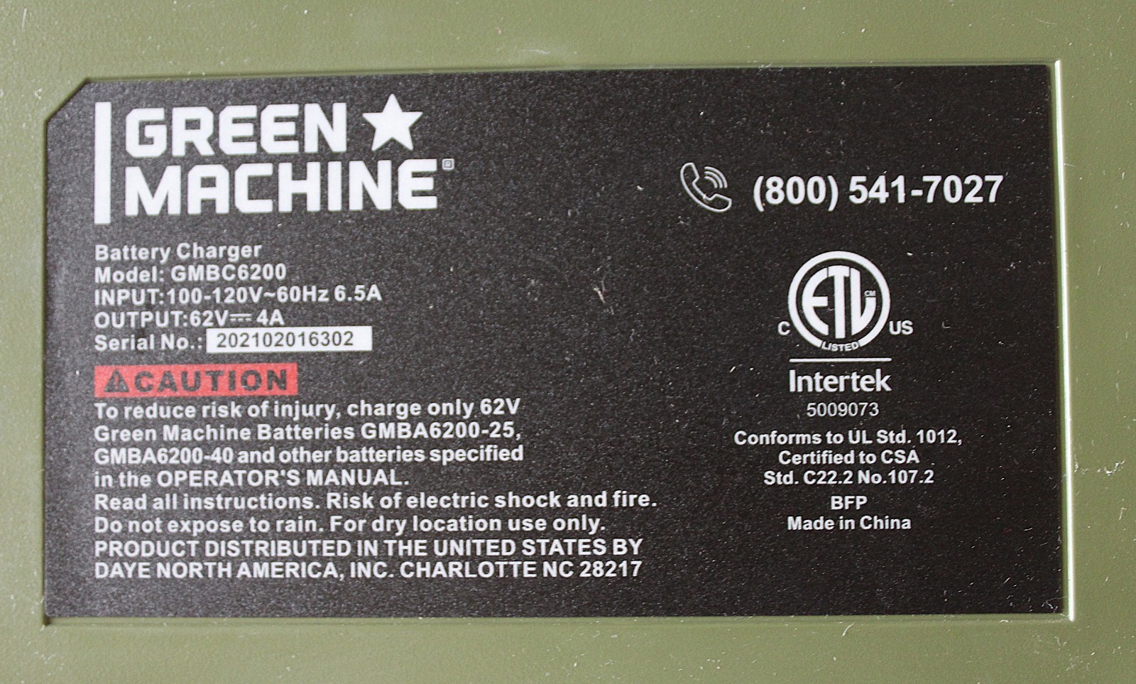 Green Machine GMBC6200 62 Volt Battery Charger