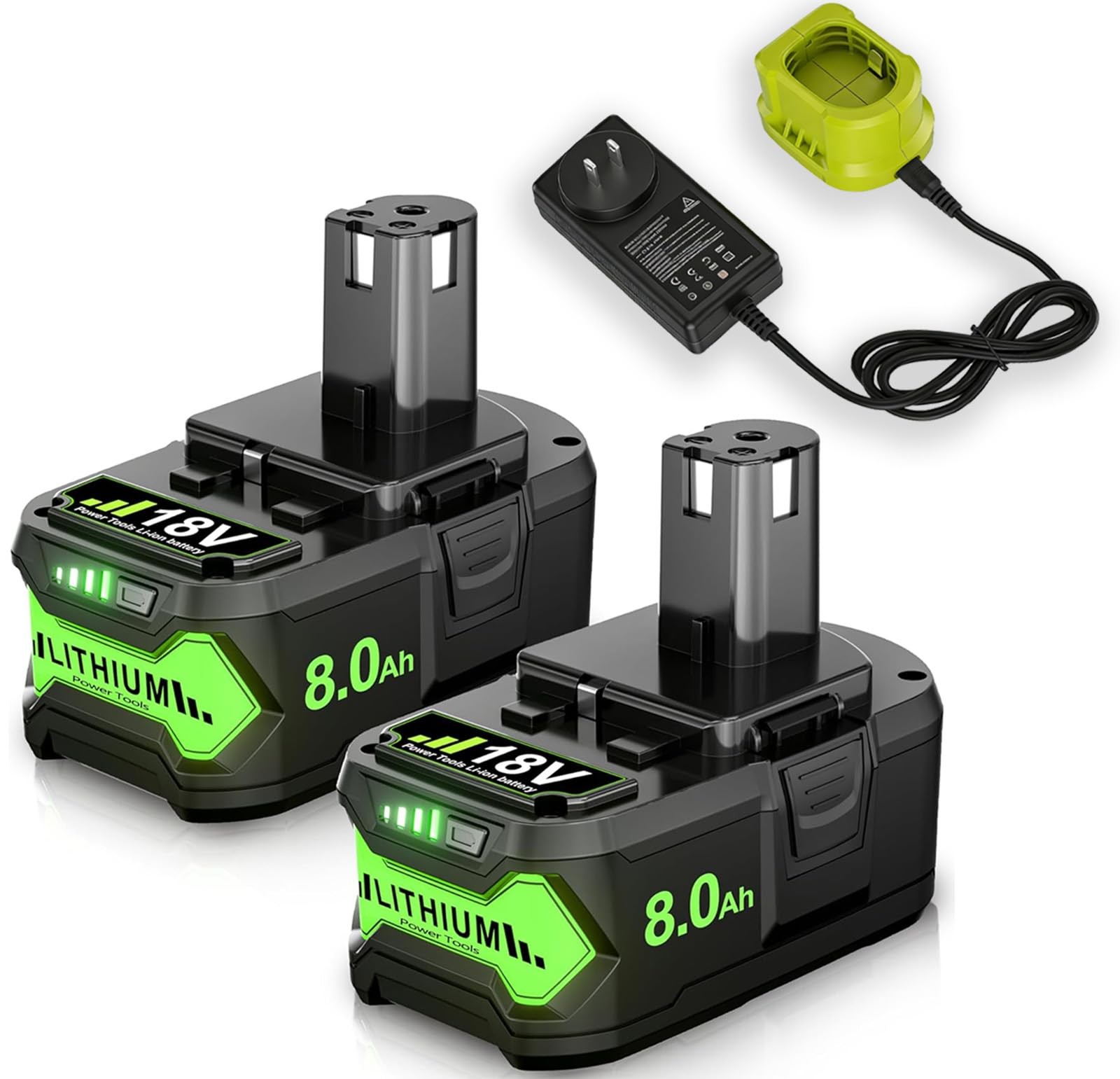 2Pack 8.0Ah P108 Repacement for Ryobi 18 Volt Battery and Charger Green-1 8.0