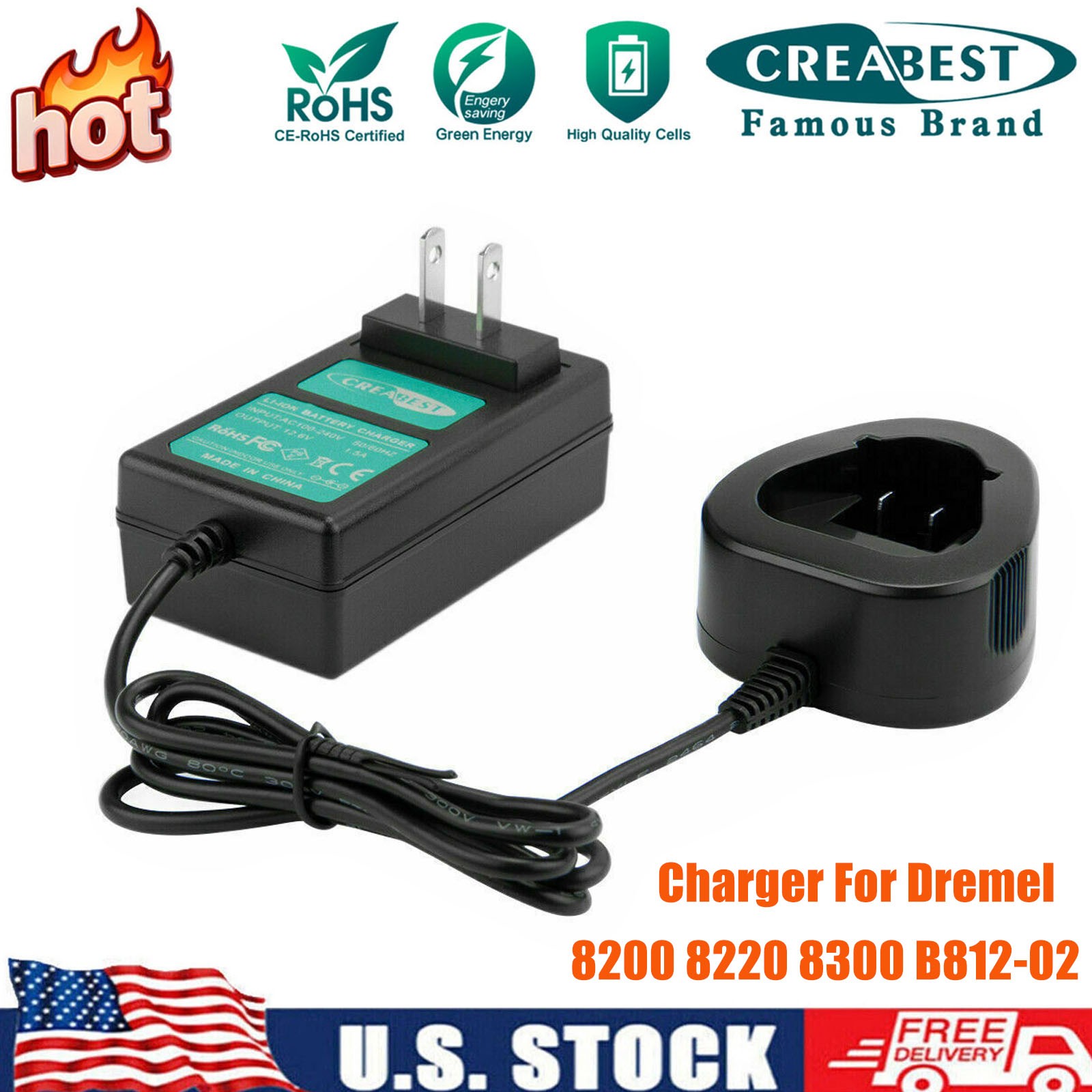 12V/10.8V Li-ion Battery Charger For Dremel 8200 8220 8300 B812-02 US Plug