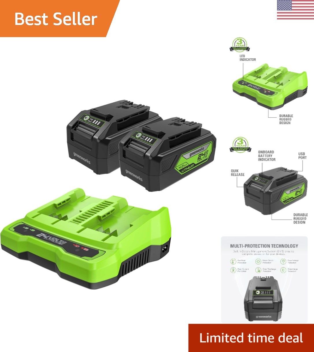 Ultimate 24V 4Ah USB Battery Kit & Rapid Charger – Fade-Free Power Efficiency
