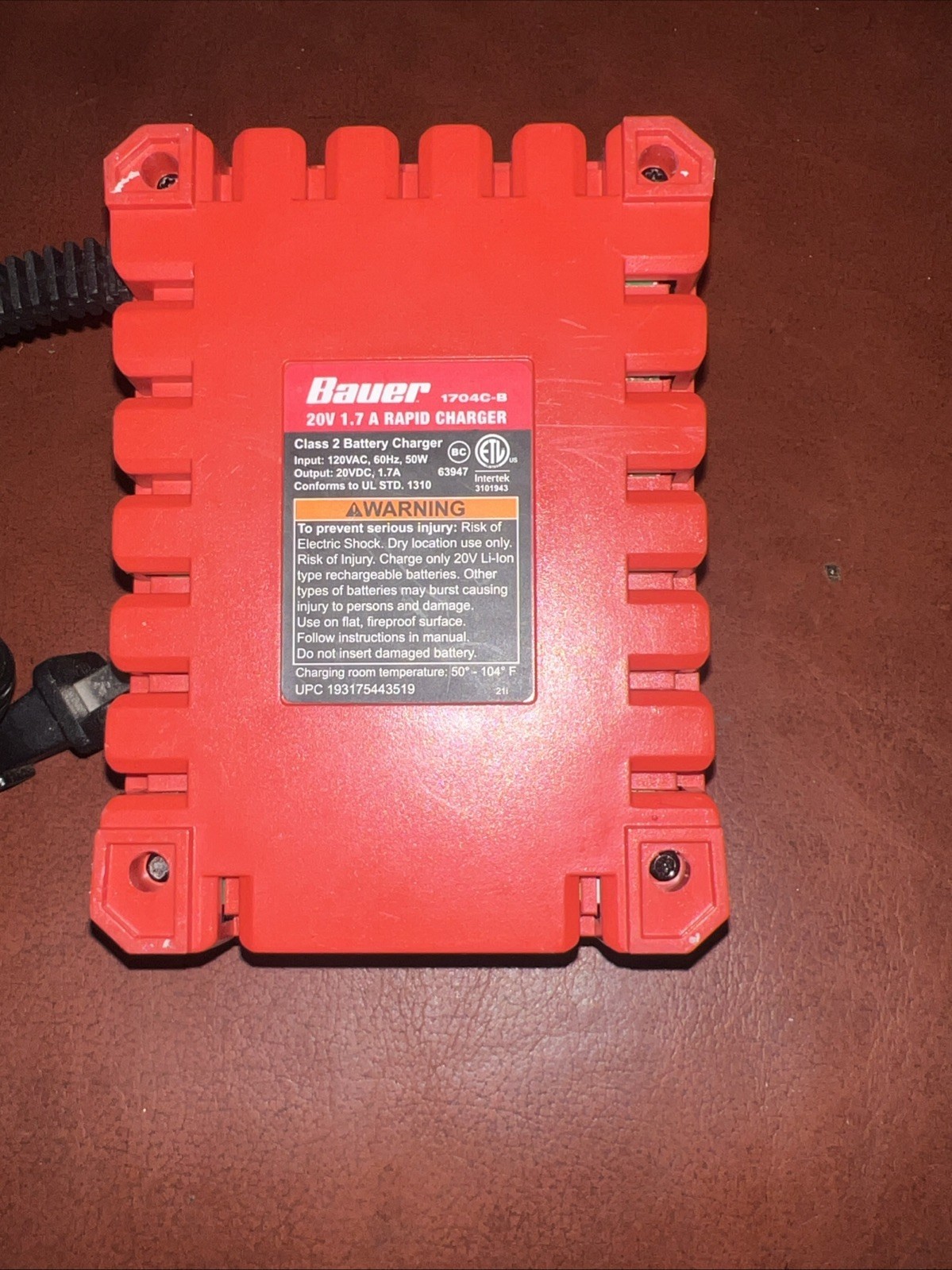 BAUER (1704C-B) 20V 1.7A RAPID BATTERY CHARGER Red/black See Descr