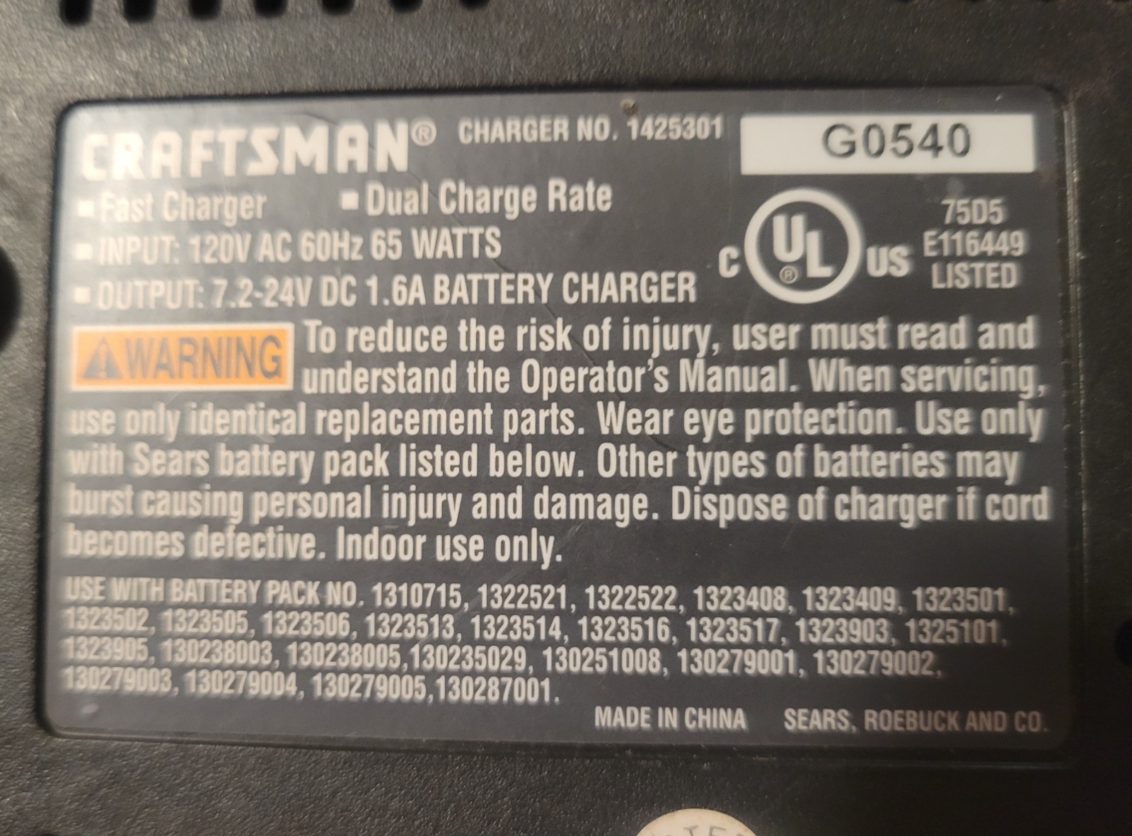 Craftsman 7.2–24V Battery Fast Charger Dual Rate 1425301 BD0637 Ni-Cd & Ni-MH