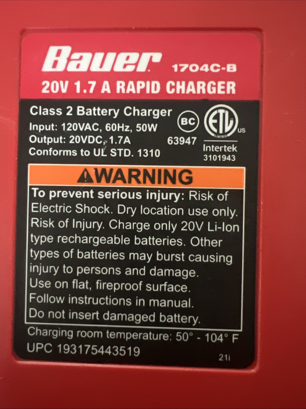 BAUER (1704C-B) 20V 1.7A RAPID BATTERY CHARGER Red/black See Descr