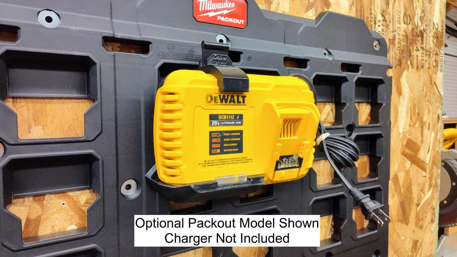 Wall Mount for DeWalt DCB1112 Fast Charger, Optional Milwaukee Packout Version
