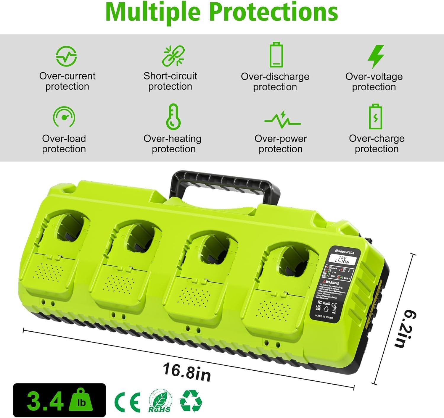 Ryobi 18V Battery Charger 4-Port Fast Multi-Battery Station with Dual USB