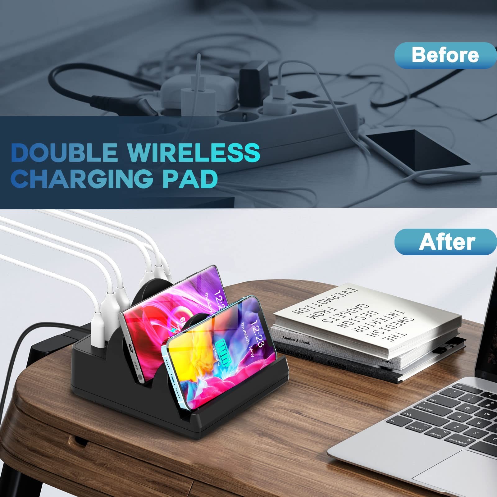 Tpfocus Wireless Charging Station 6 Usb Ports 8 In 1 15W Dual Wireless Charger