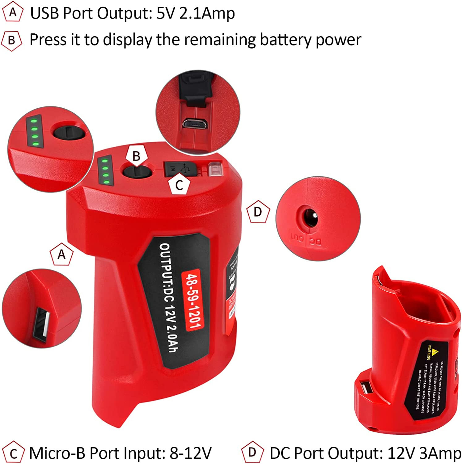 12V USB Power Source Replacement for Milwaukee M12 12V Battery Charger Adapter