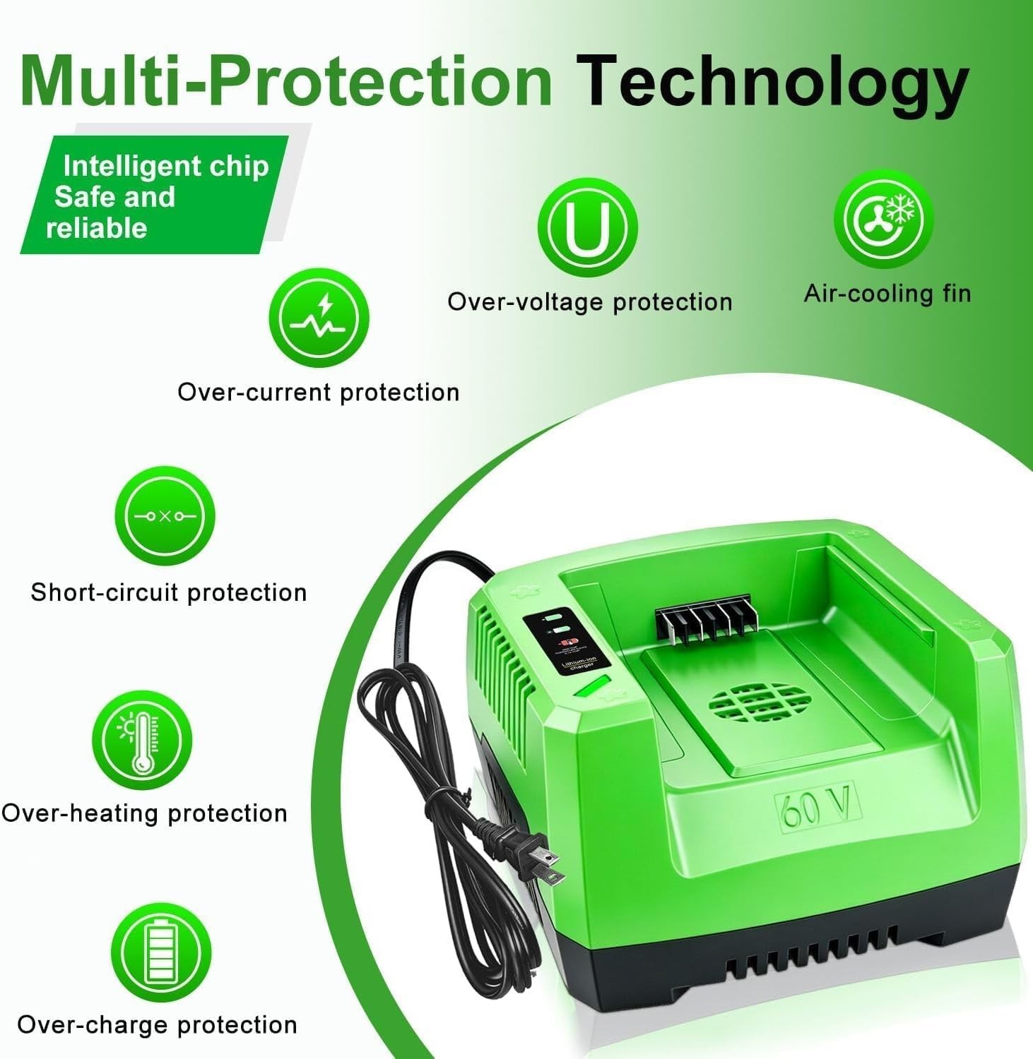 Quick Charge Greenworks 60V Charger with LED Indicator & Safety Features