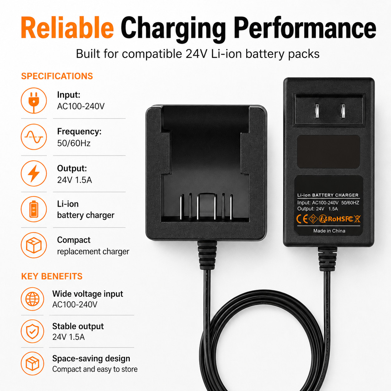 24V Li-ion Battery Charger Compatible with Greenworks 24 Volt G-24 Power Tool