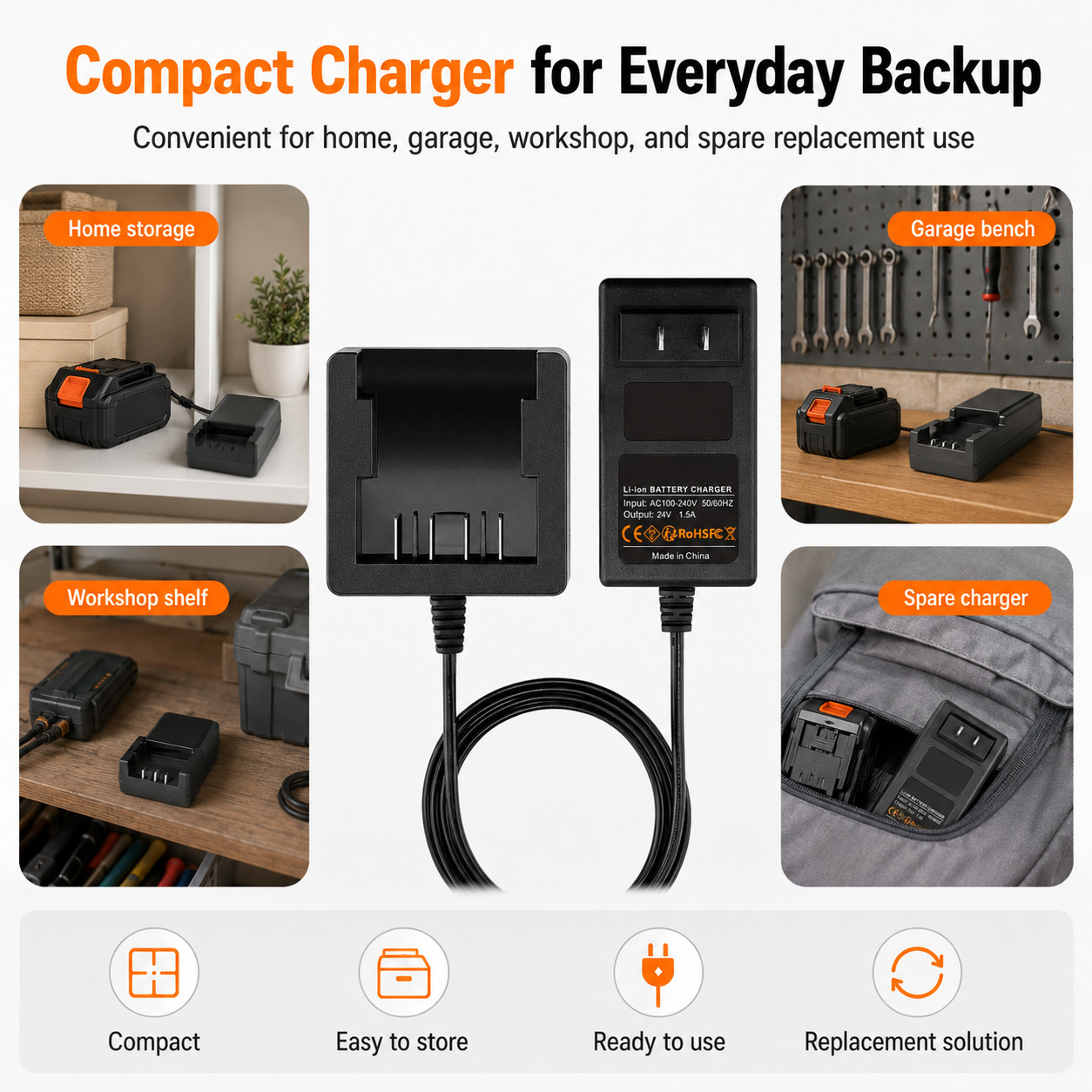 24V Li-ion Battery Charger Compatible with Greenworks 24 Volt G-24 Power Tool