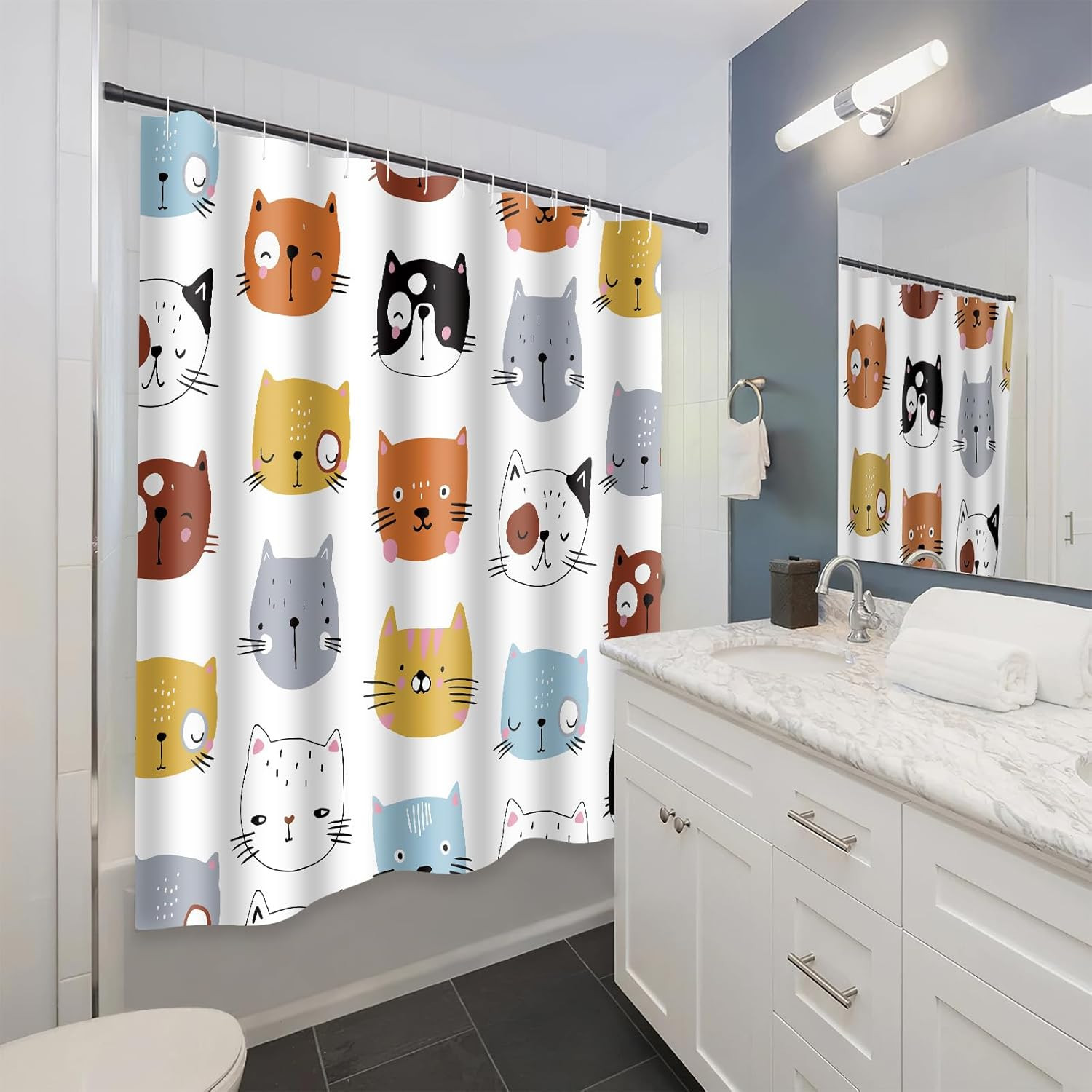 Cute Cat Shower Curtain for Bathroom Decor, Funny Bathroom Curtain Set, Cat Love