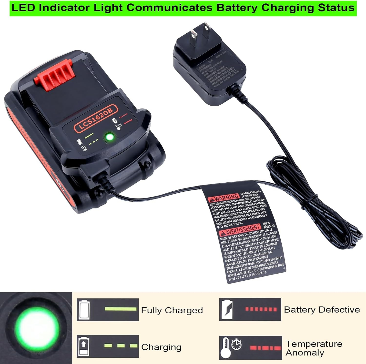 LCS1620B Replacement for Black and Decker 20V Lithium Battery Charger, Compatibl