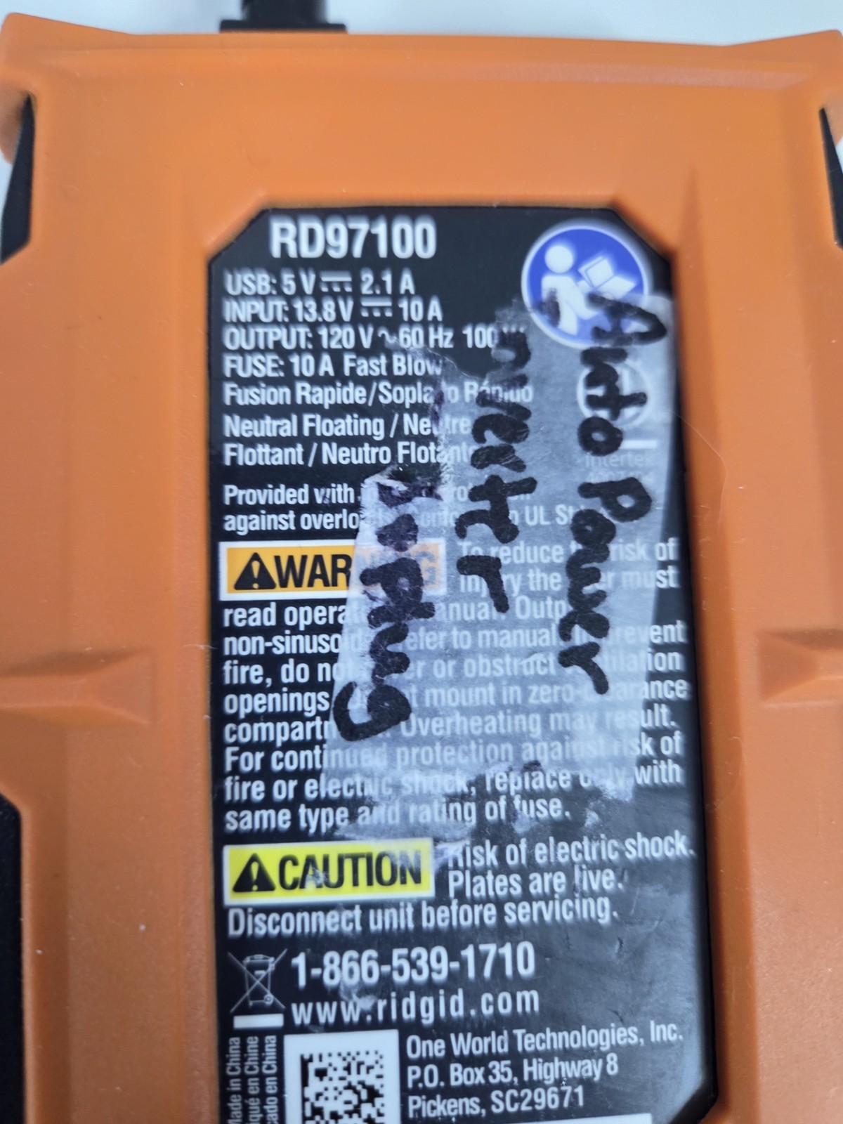 RIDGID RD97100 Orange Vehicle Power Tool Battery Charger w/ Car Plug Inverter