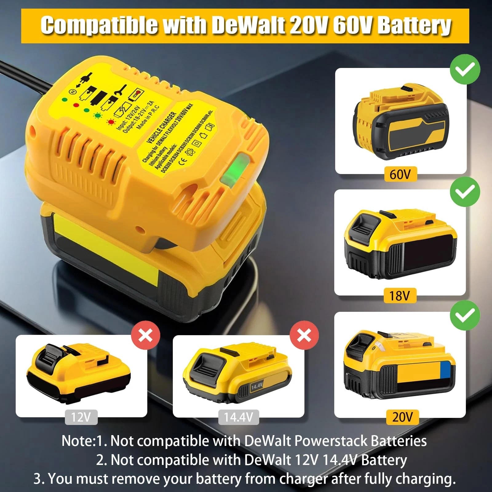 For DeWalt 20V 18V Li-ion Battery Vehicle Charger w Smart Protection Over Charge