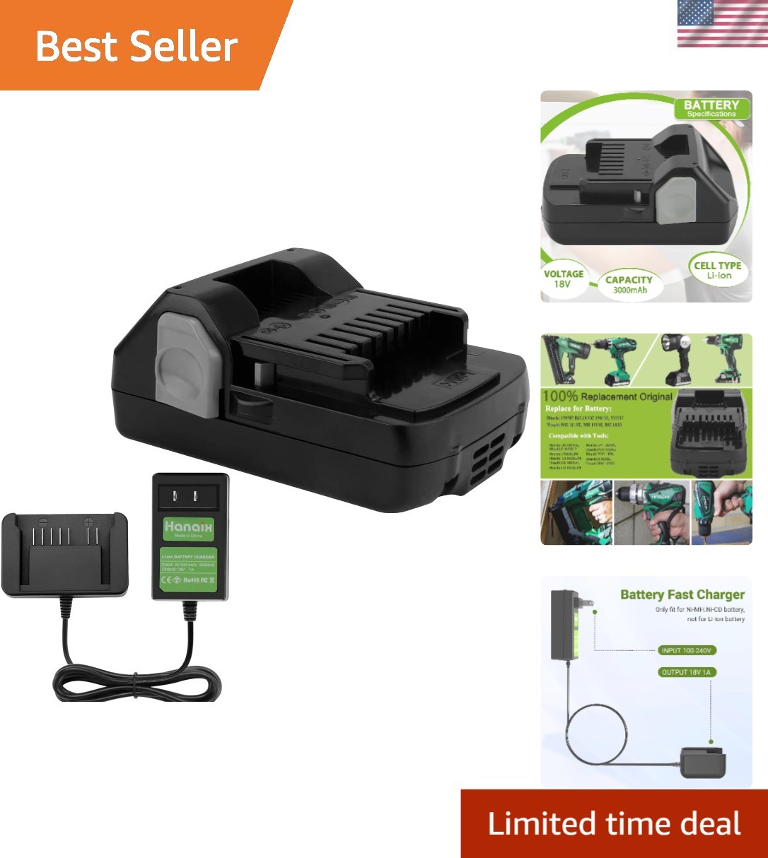 3.0Ah Replacement Battery & Charger Set for Hitachi 18V Tools, Fast Charging