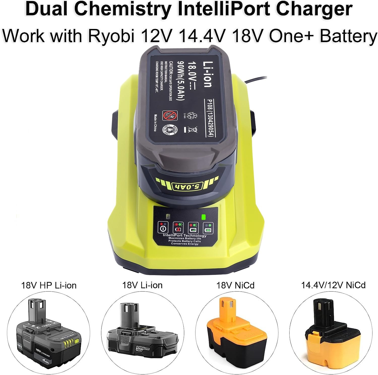 18-Volt P117 Rapid Charger Replace for Ryobi 12V-18V Rapid, Green