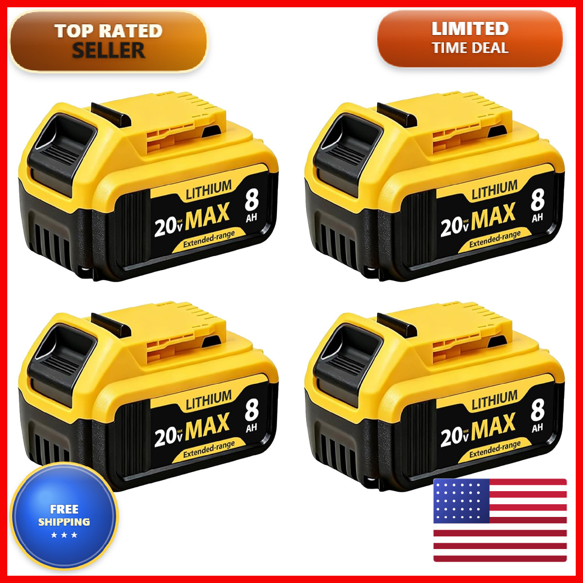 Tovlvta 4 Packs 8000Mah Replacement For Dewalt 20V Max Battery Lithium-Ion