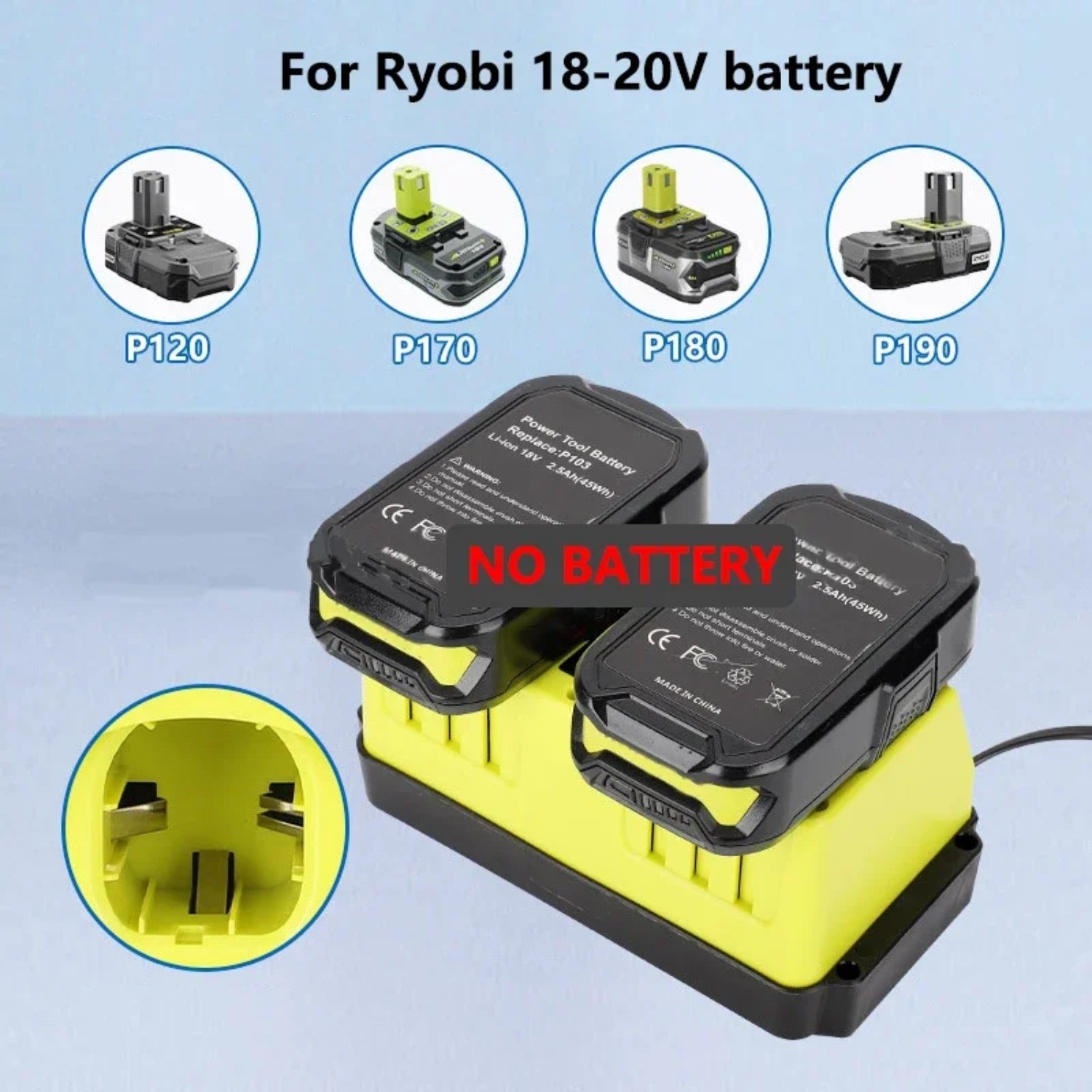 Portable Dual Ports Fast Charger Replace P117 for Ryobi 18V Battery P107 P108