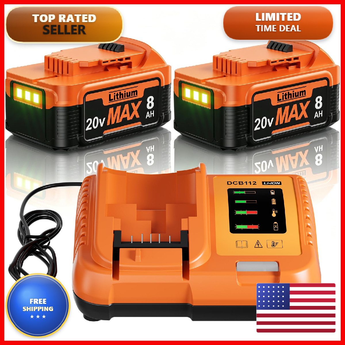 Bonacell 2Pack 8000Mah Replacement For Dewalt 20V Max Battery And Charger