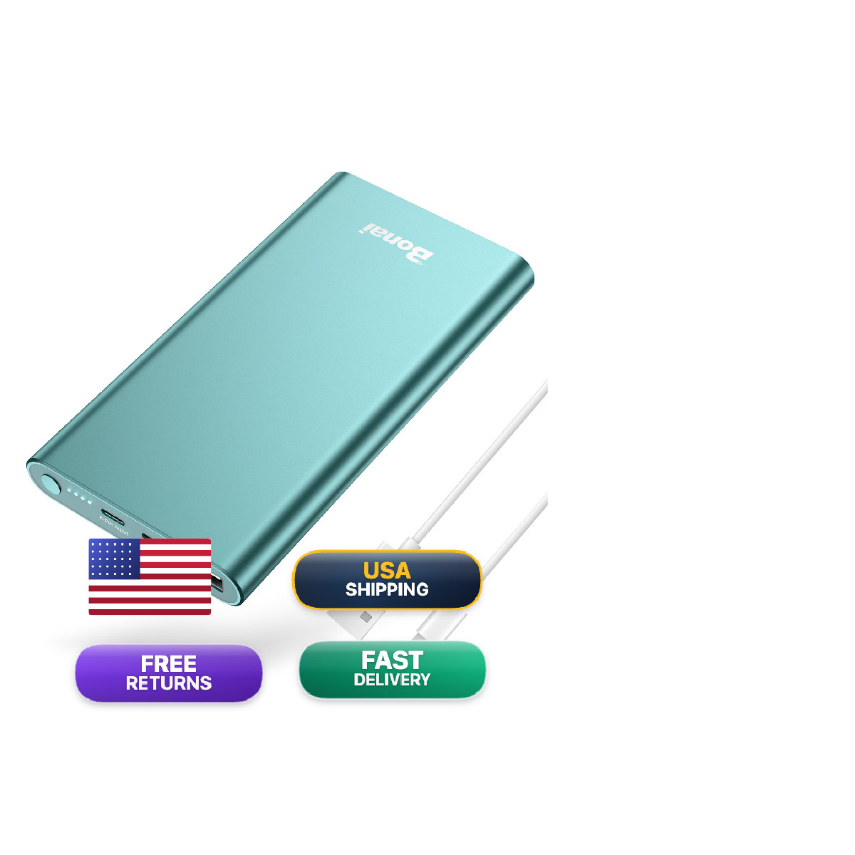 Bonai Portable Charger 12000Mah 5V/3A Charging Power Bank Dural Ports Usb-C In