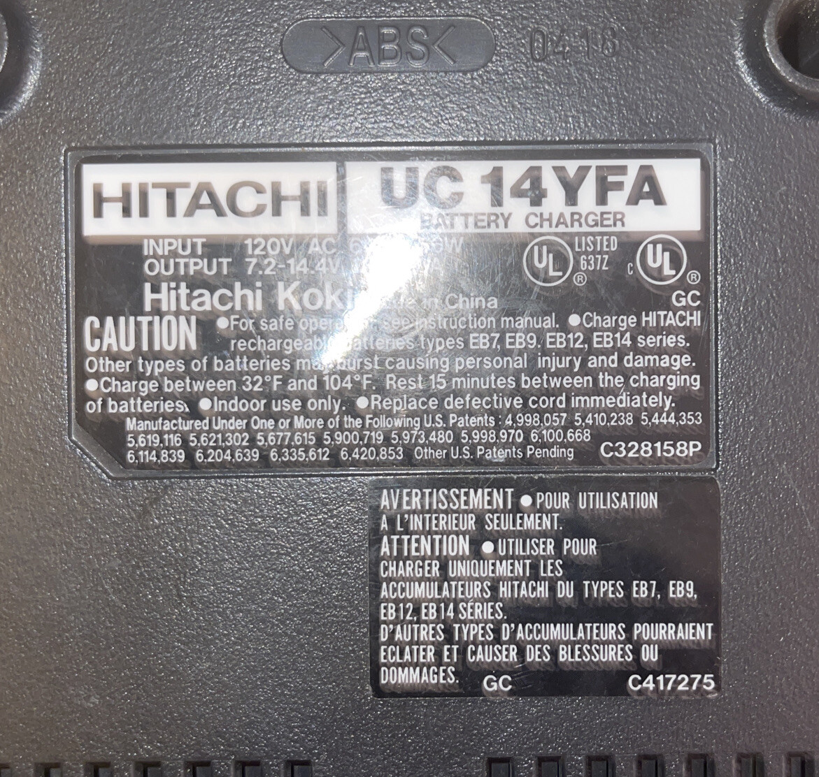 Hitachi UC14YFA Gray 14.4 Volts input 220v 56w Power Tools Battery Charger