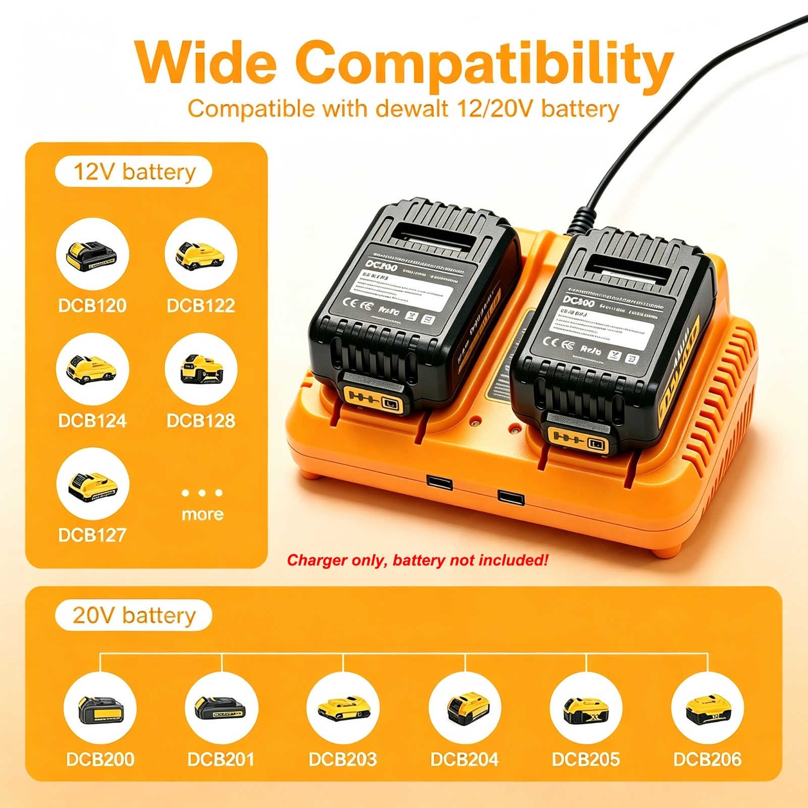 2 Port Rapid Charge Station Compatible with DeWalt DCB206 DCB204 DCB606 Battey