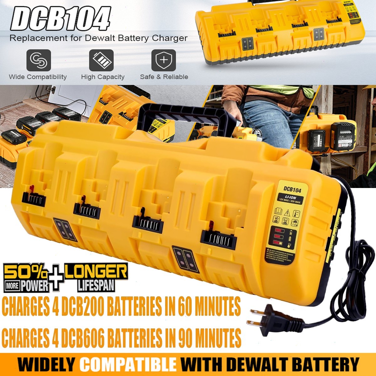 For Genuine DEWALT 4-Port DCB104 Fast Charger 12V/20V Lithium DCB184 XR Battery