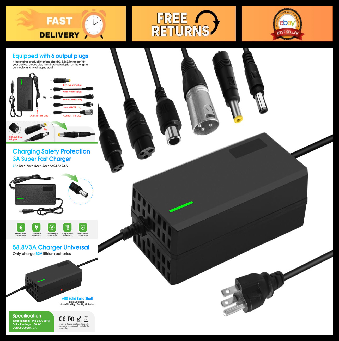 58.8V 3A Charger with 6-in-1 Plug for 52V Lithium Batteries – Car, Truck, Lawn M