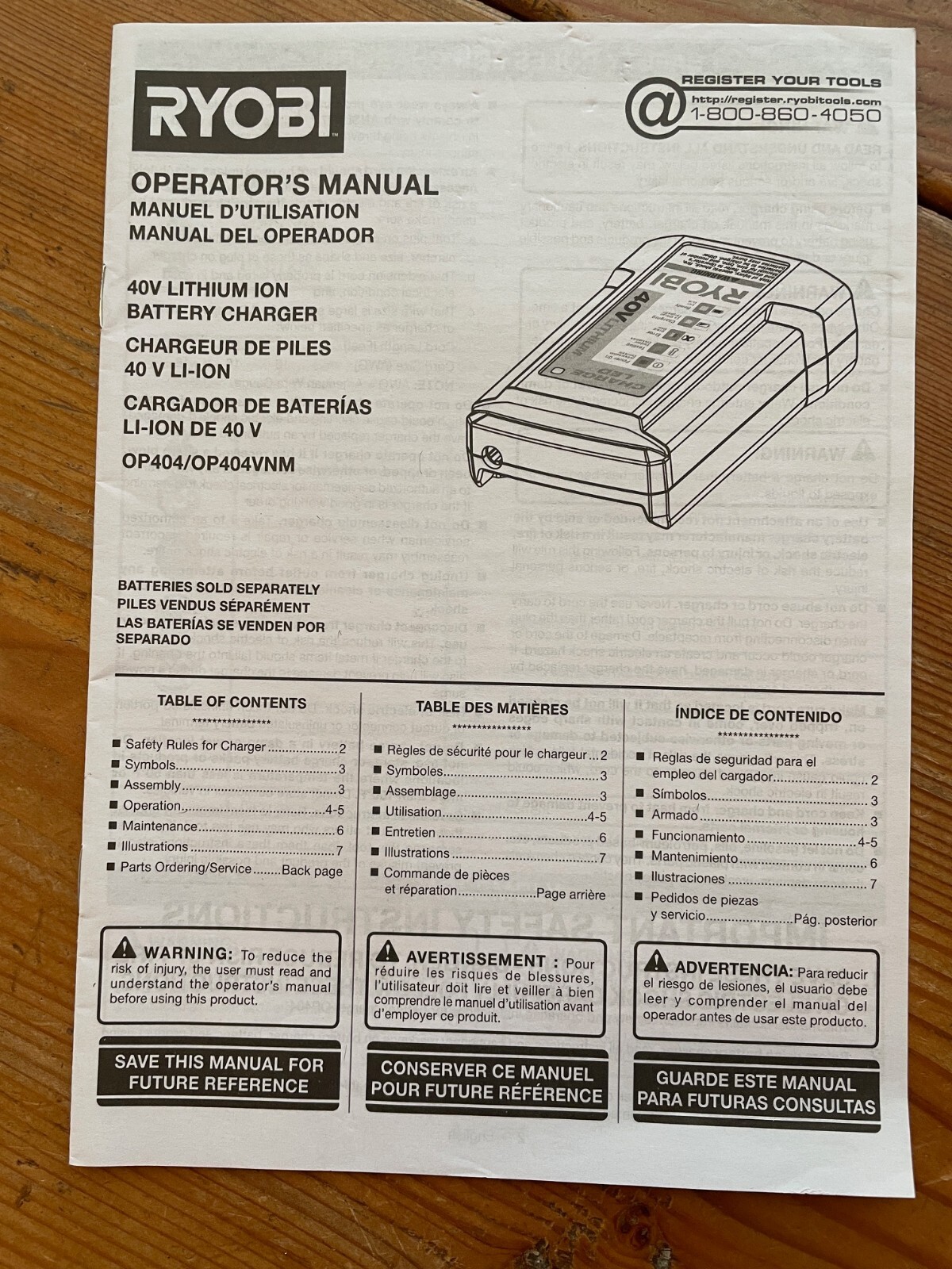 RYOBI Operators Manual 40 Volt Battery Charger Model Number OP404/OP404VNM