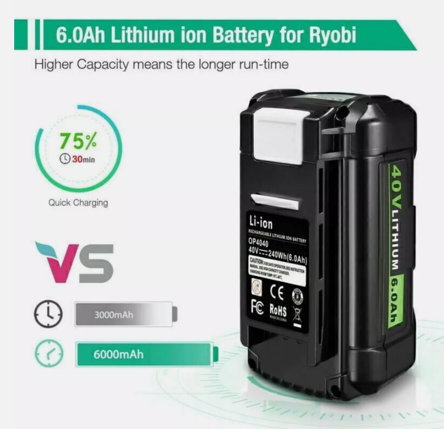 6.0Ah Battery for Ryobi 40V Battery Lithium OP4050 OP40602 OP406VNM / Charger