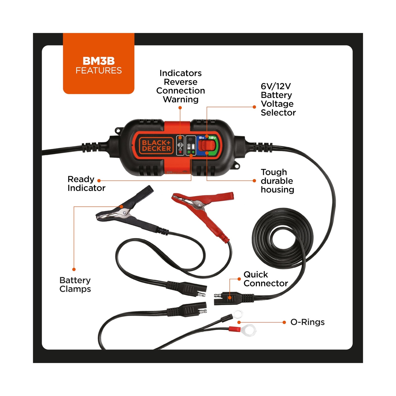BLACK+DECKER BM3B Fully Automatic 6V/12V Battery Charger/Maintainer with Cabl…