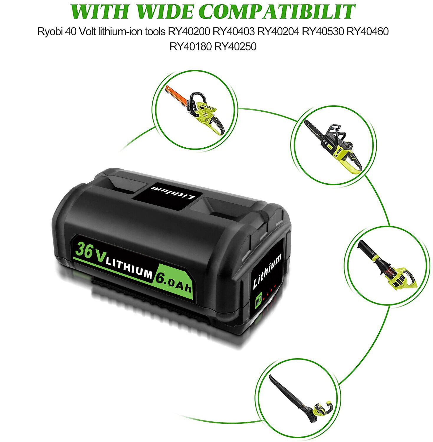 6.0Ah Battery for Ryobi 40V Battery Lithium OP4050 OP40602 OP406VNM / Charger