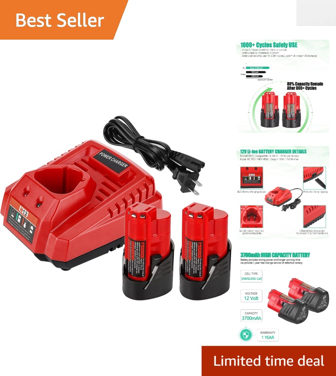 High-Capacity 3700mAh 12V Battery & Charger Kit for Powerful Tool Performance