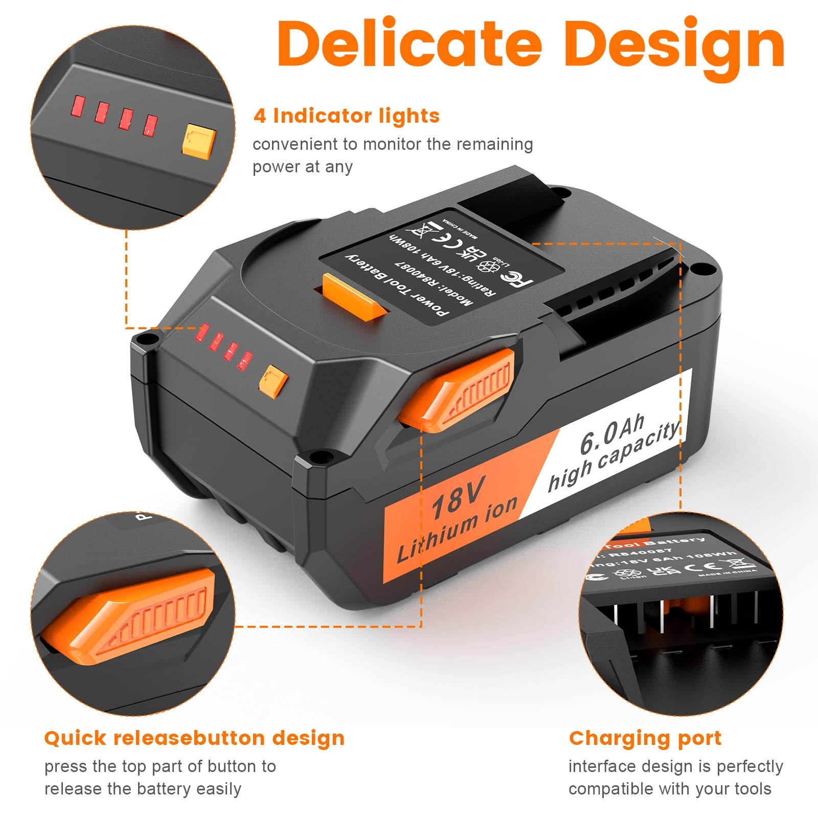 Aryee 18V 6000Mah Battery Replacement Compatible Ridgid 18V Drill R840087