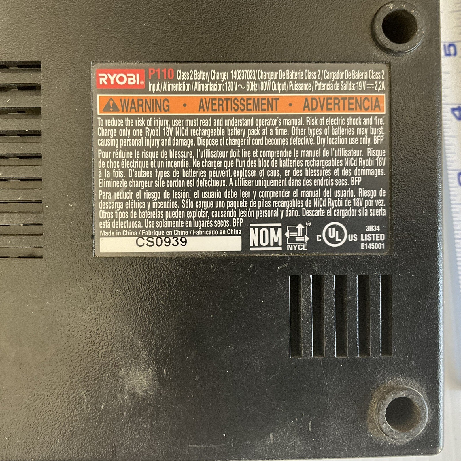 Genuine RYOBI 18.0v NiCd Battery Charger Model P110 18 Volt Charger Plus