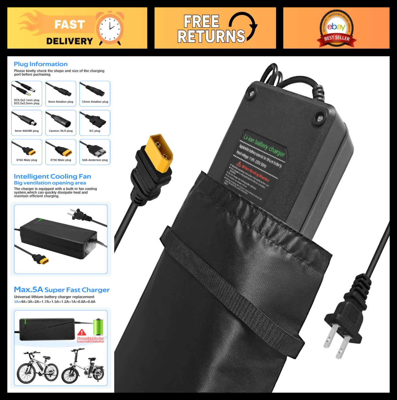 84V 5A Fast Charger for 72V Lithium Battery, XT60 Plug, Cooling System, High Eff