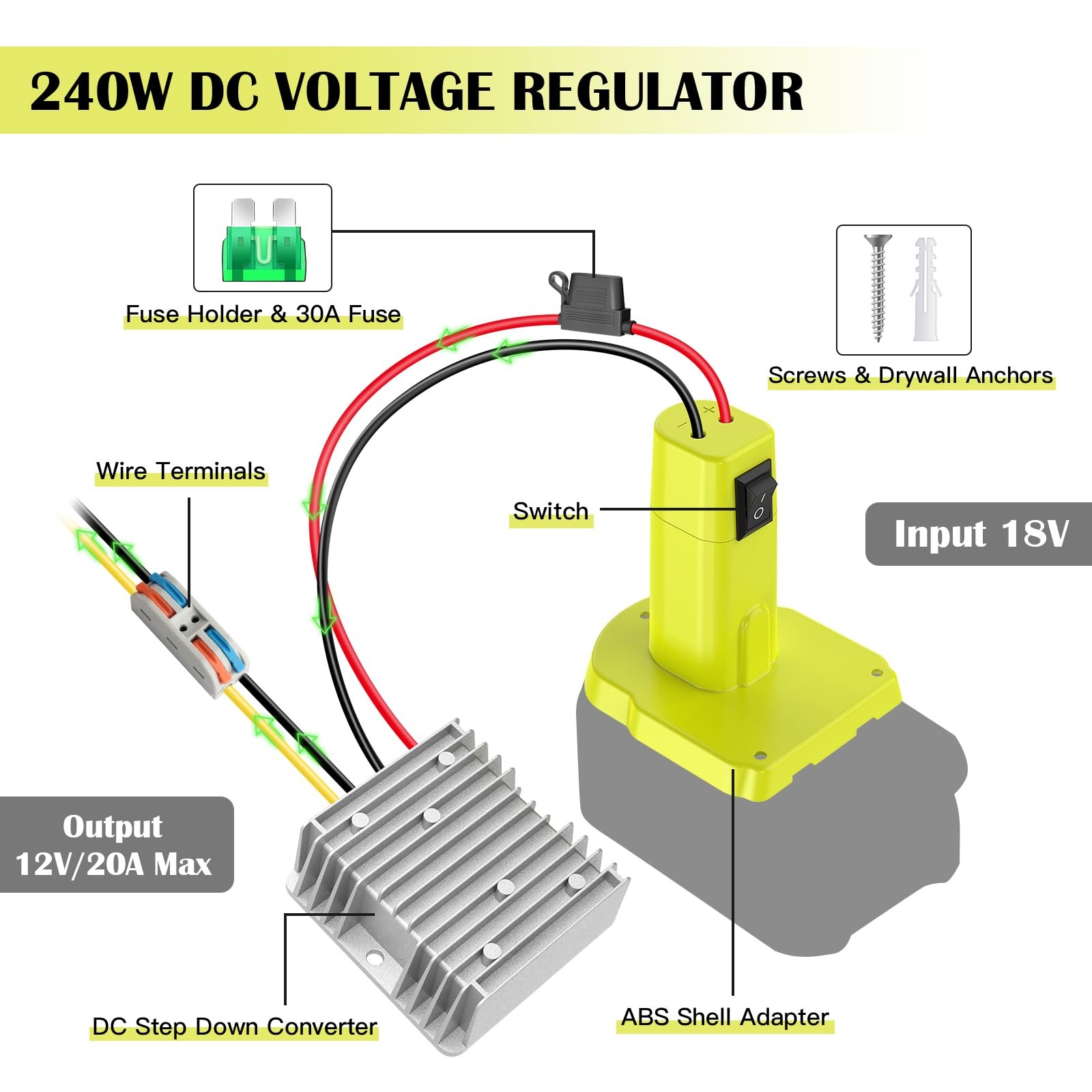 18V to 12V Step Down Converter for Ryobi 240W Step-Down Converter, Green