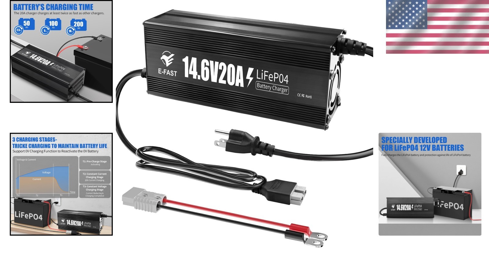 12V 20A Lithium Battery Charger 14.6V LiFePO4 0V Activation Aluminum Housing