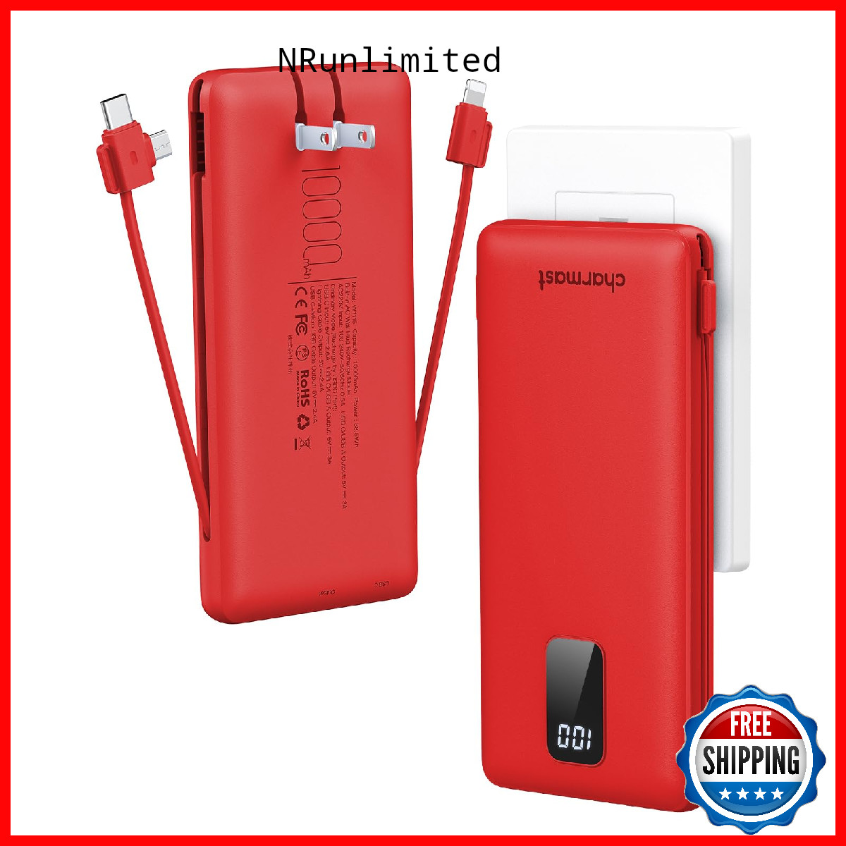 Charmast Portable Charger Built-In Cables And Plug 10000Mah Usb C Power Bank