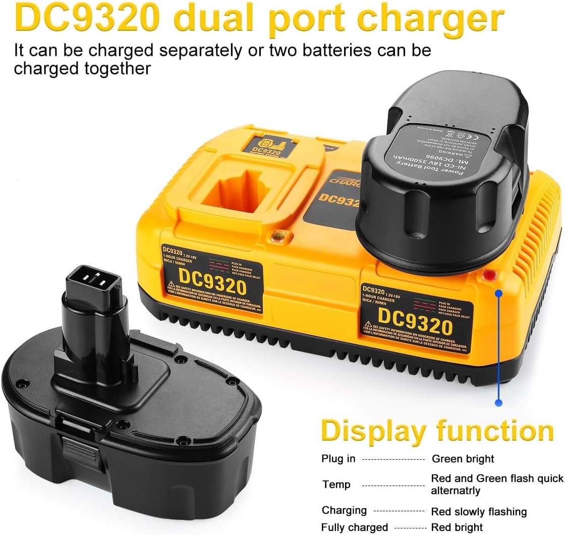 18VBattery Fast Charger Dual Port for Dewalt 18 Volt Ni-Cd Ni-MH Battery DC9096