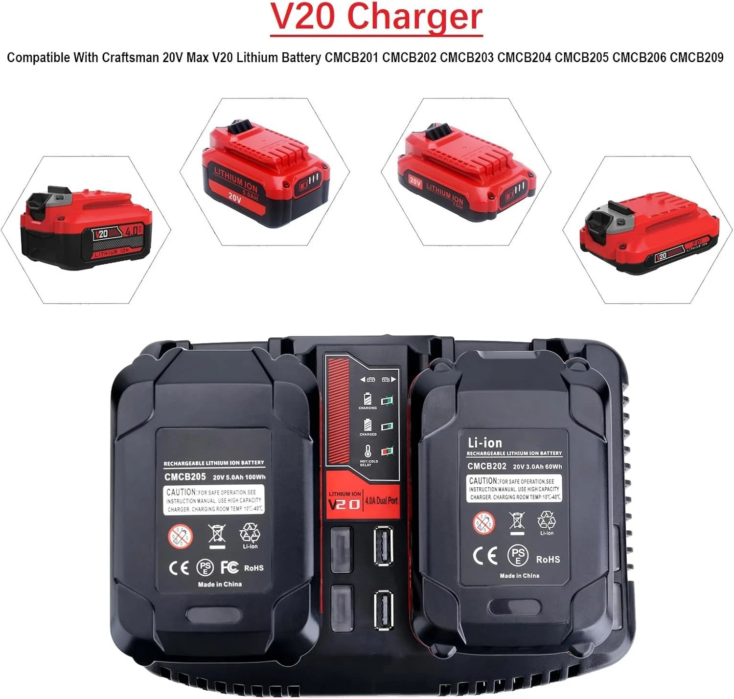 CMCB124 Dual Port V20 Battery Fast Charger Replacement for Craftsman 20V MAX V20