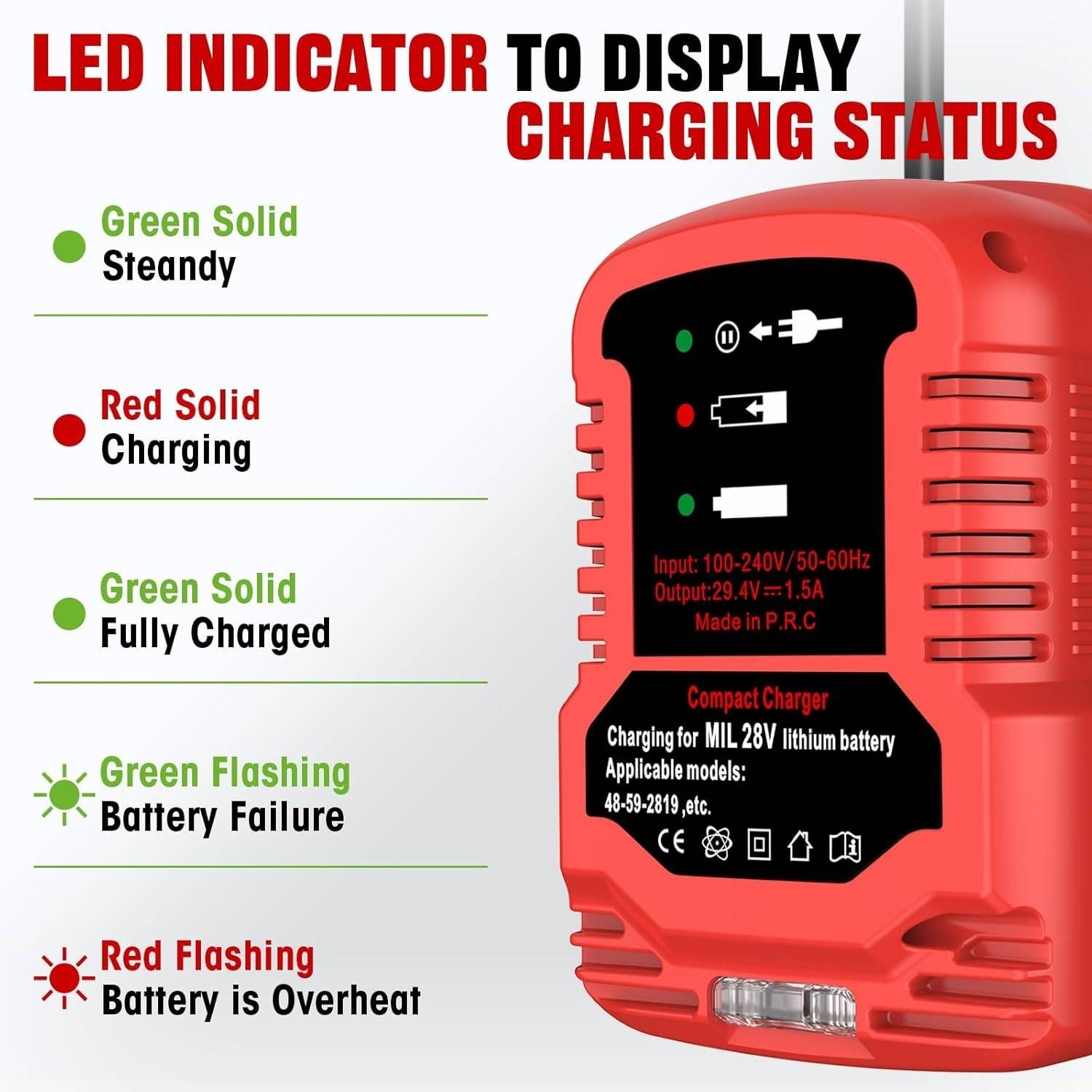Compact Charger MIL 28V Lithium Battery 48-59-2819 for Milwaukee Cordless Tools