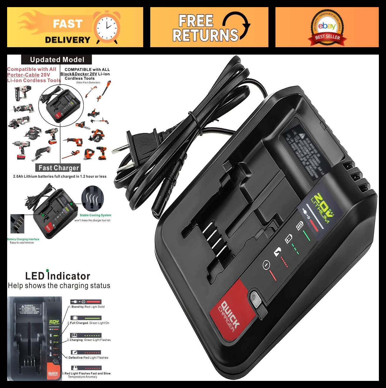 20V Lithium Battery Fast Charger for Black & Decker, Porter Cable – Quick Charge