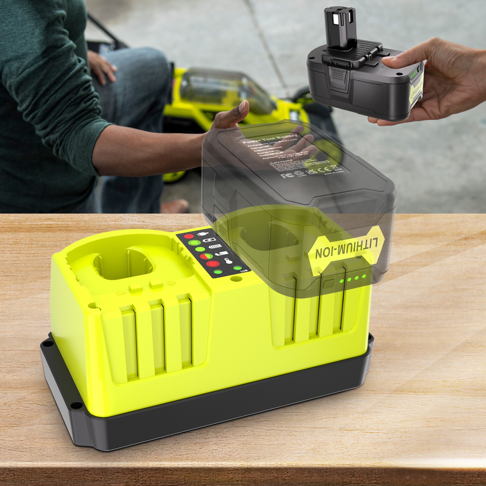 Portable Dual Ports Fast Charger Replace P117 for Ryobi 18V Battery P107 P108