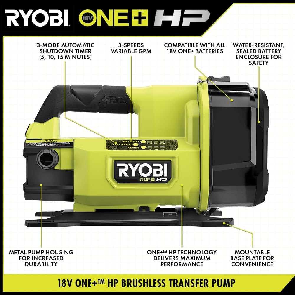 RYOBI ONE+ HP 18V Brushless 1/4 hp Battery Powered Transfer Pump (Tool-Only)