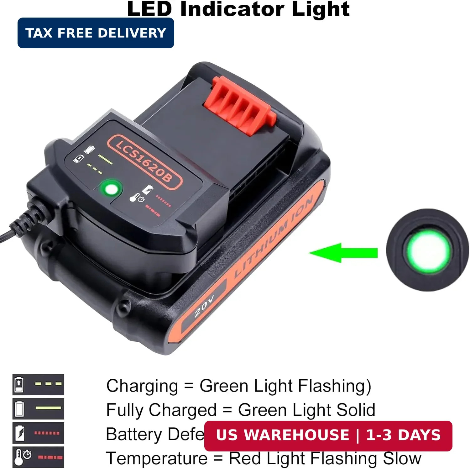 LCS1620B 20V Charger Compatible with Black and Decker 20V Max Lithium Battery LB