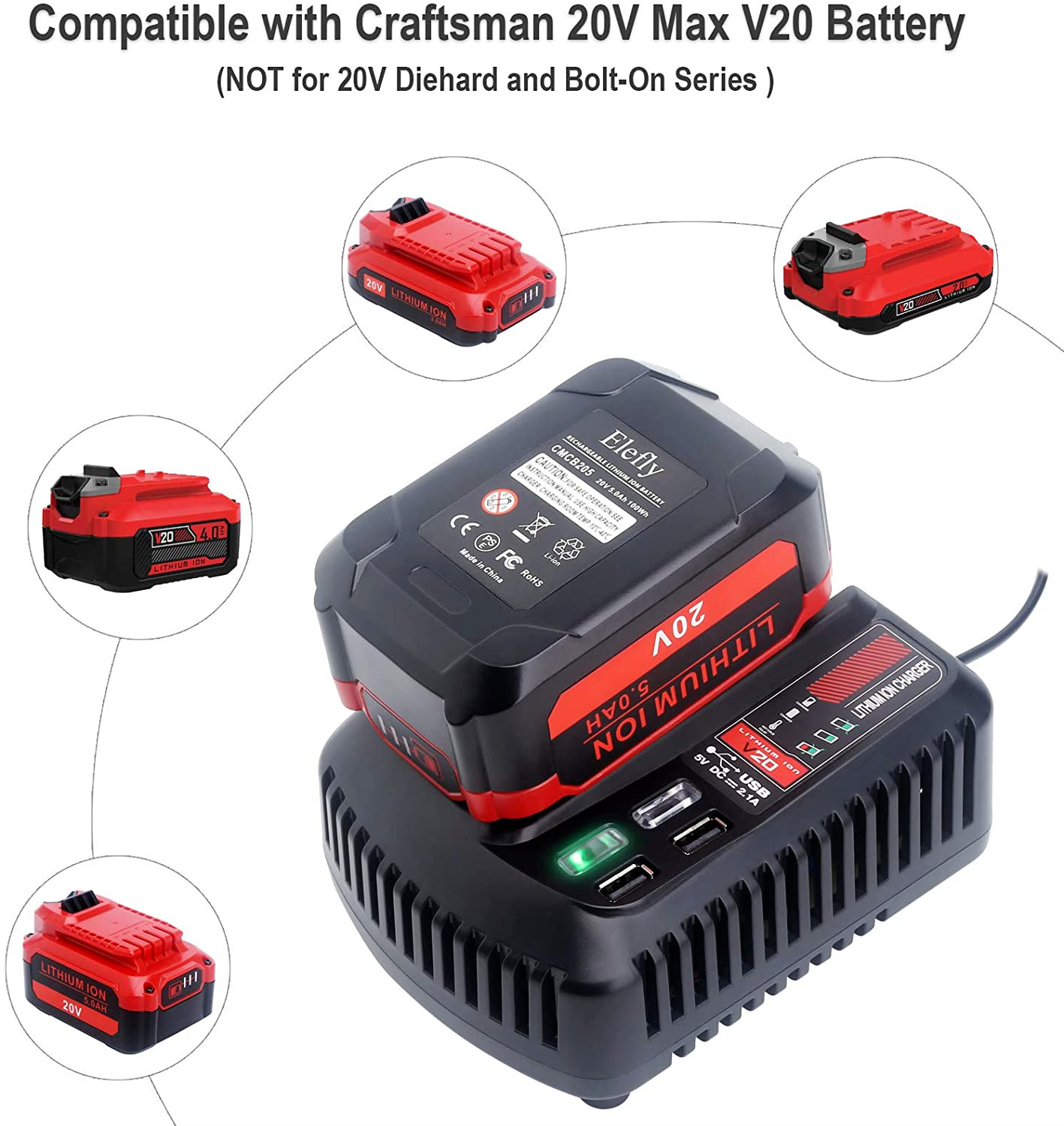 V20 20V Battery Fast Charger CMCB104 Compatible with Craftsman 20V Max Lithium