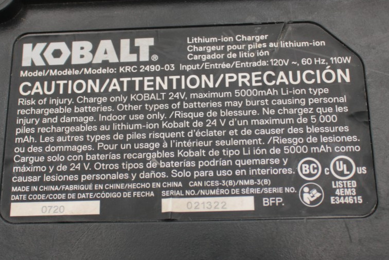 KOBALT (KRC 2490-03) Lithium Ion, 24 Volt Max, Battery Charger, 110 Watt, Qty 1