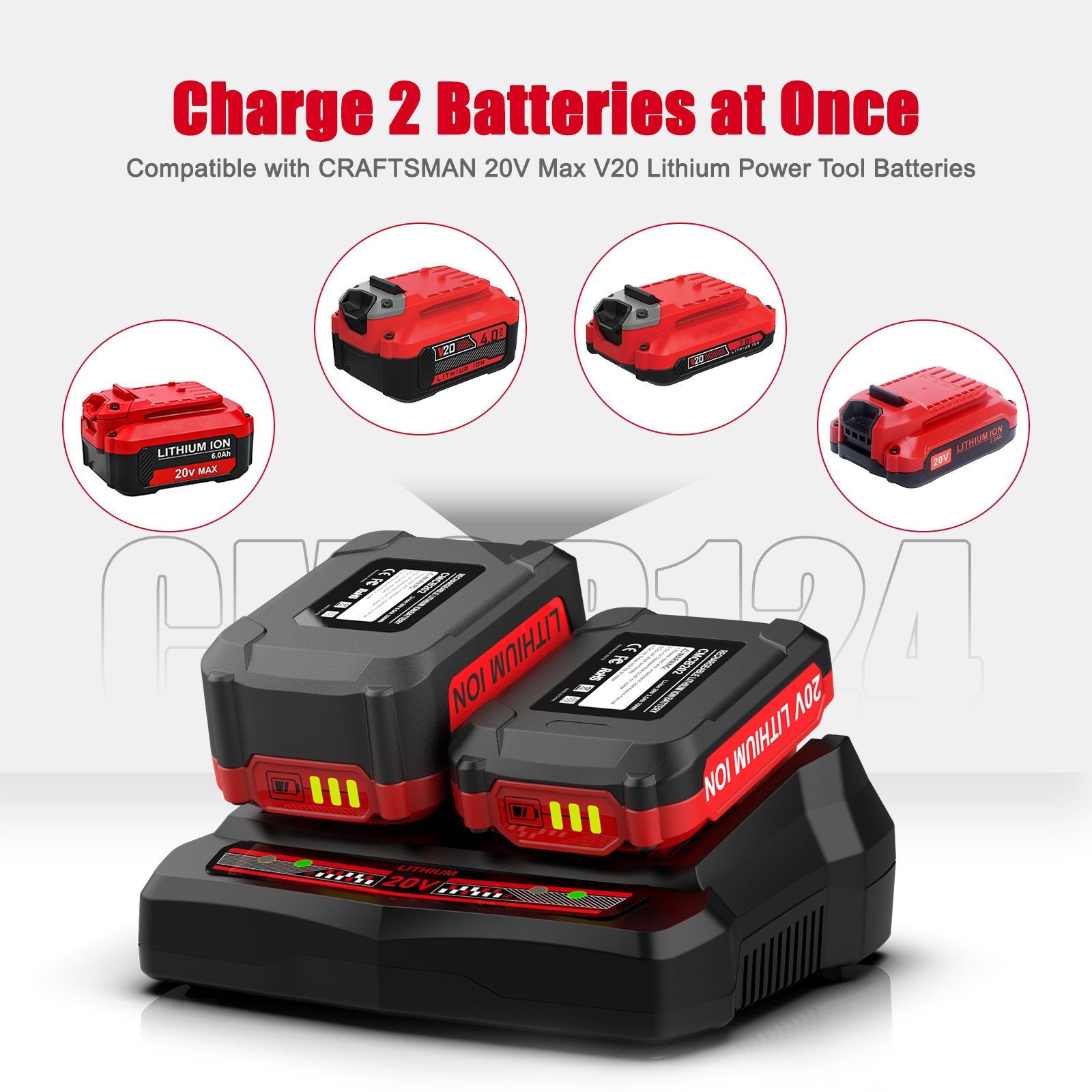 For Craftsman CMCB124 20V Dual Fast Charger V20 Lithium Battery CMCB202 CMCB104