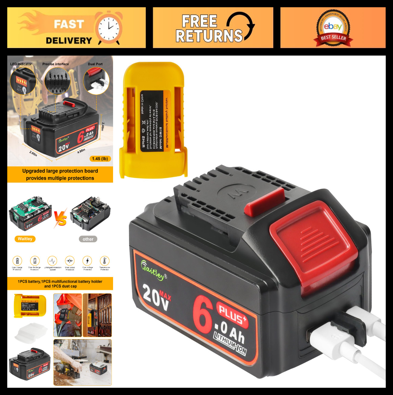 20V 6A Battery Compatible with Dewalt Cordless Tools, USB & Type-C Fast Charging
